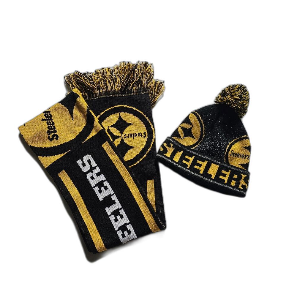 Pittsburgh Steelers Hat and Scarf Team Set Yellow Black Pom